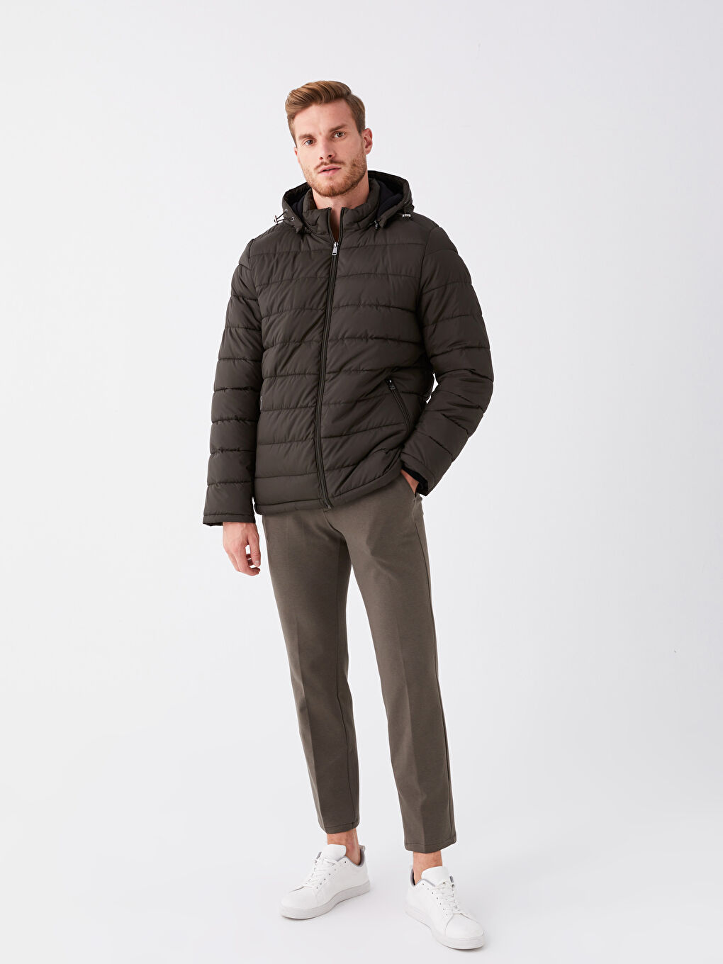 Haki Standart Kalıp Kapüşonlu Erkek Şişme Mont-2