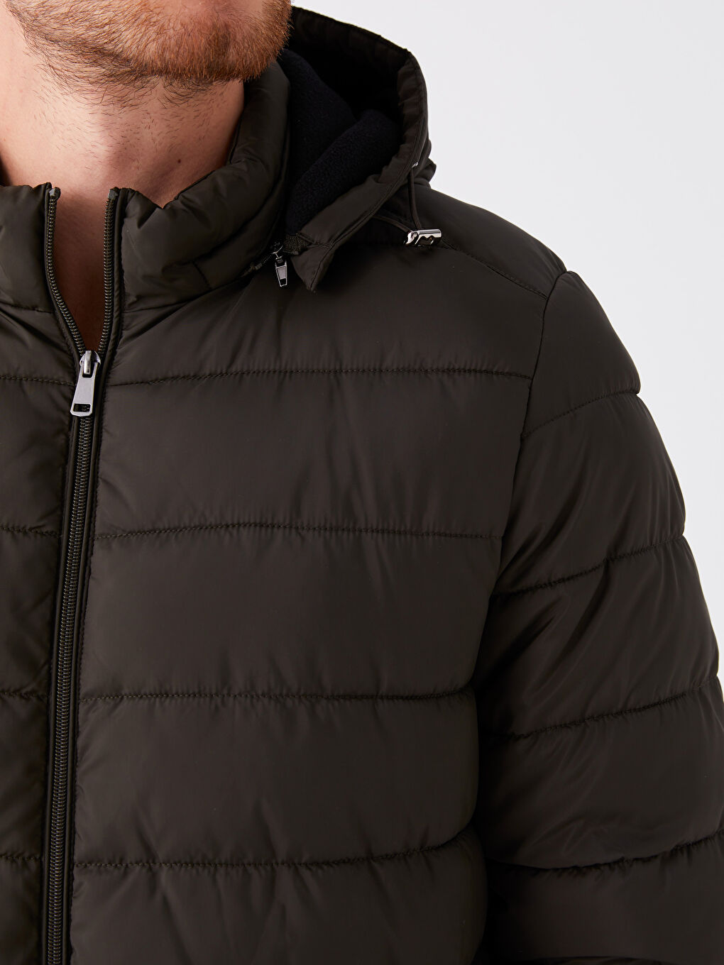 Haki Standart Kalıp Kapüşonlu Erkek Şişme Mont-3