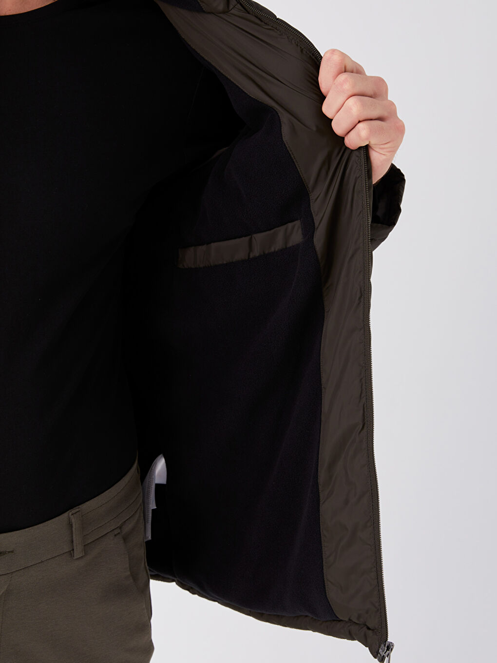 Haki Standart Kalıp Kapüşonlu Erkek Şişme Mont-4