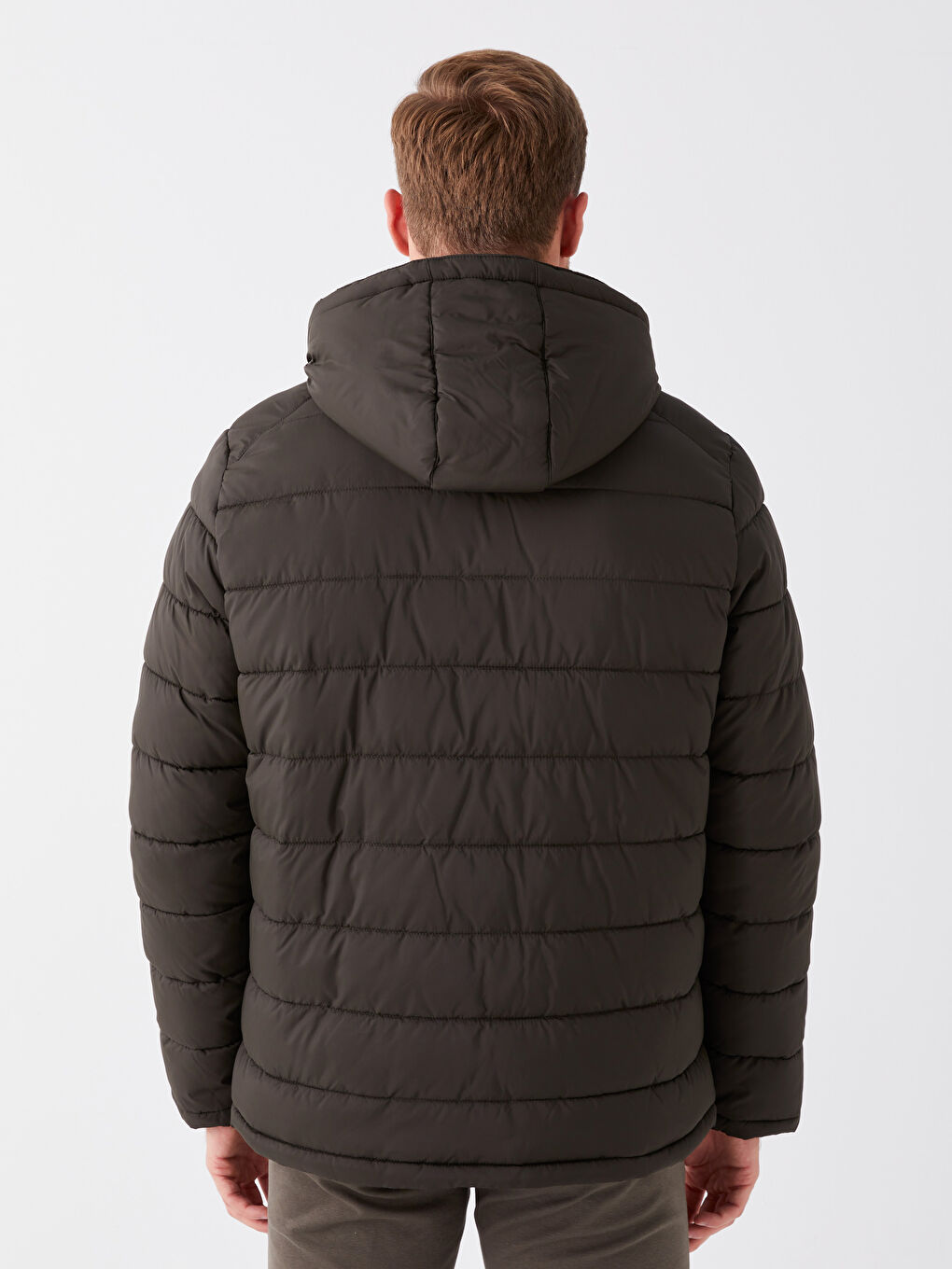 Haki Standart Kalıp Kapüşonlu Erkek Şişme Mont-5