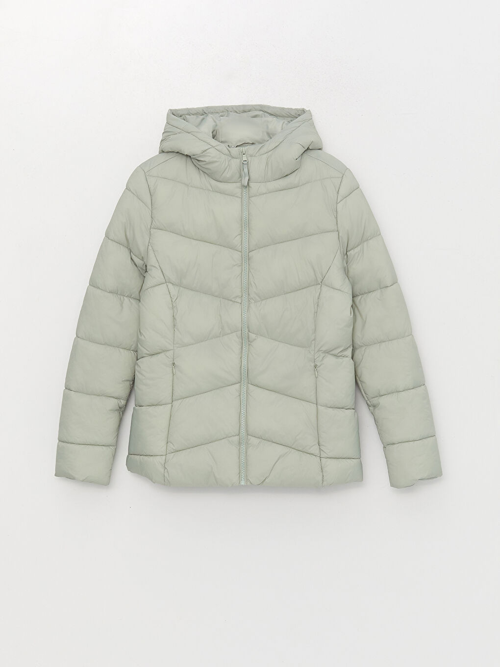 Yeşil Kadın Kapüşonlu Düz Şişme Mont-6