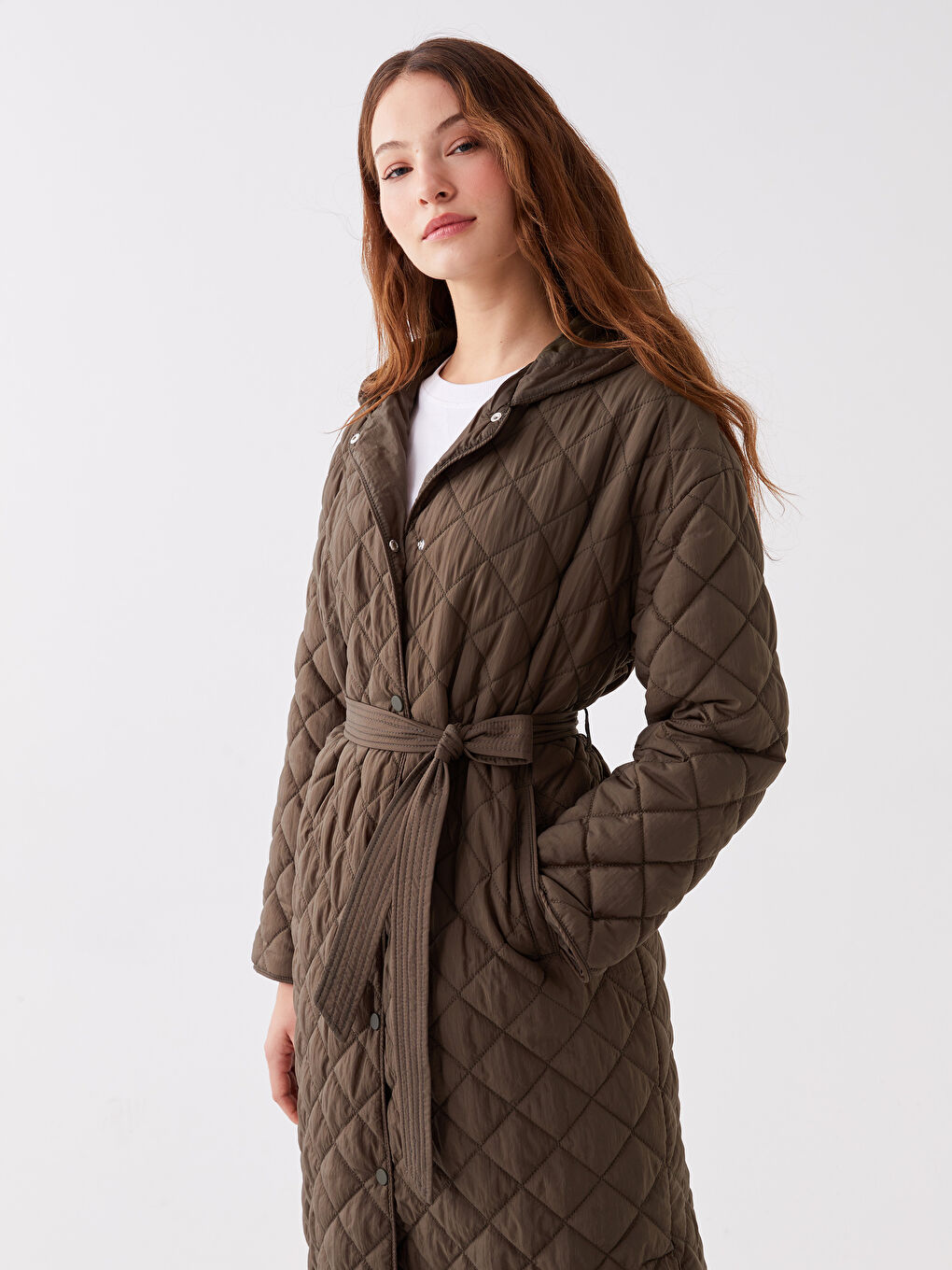 Yeşil Kapüşonlu Kapitone Oversize Kadın Şişme Mont