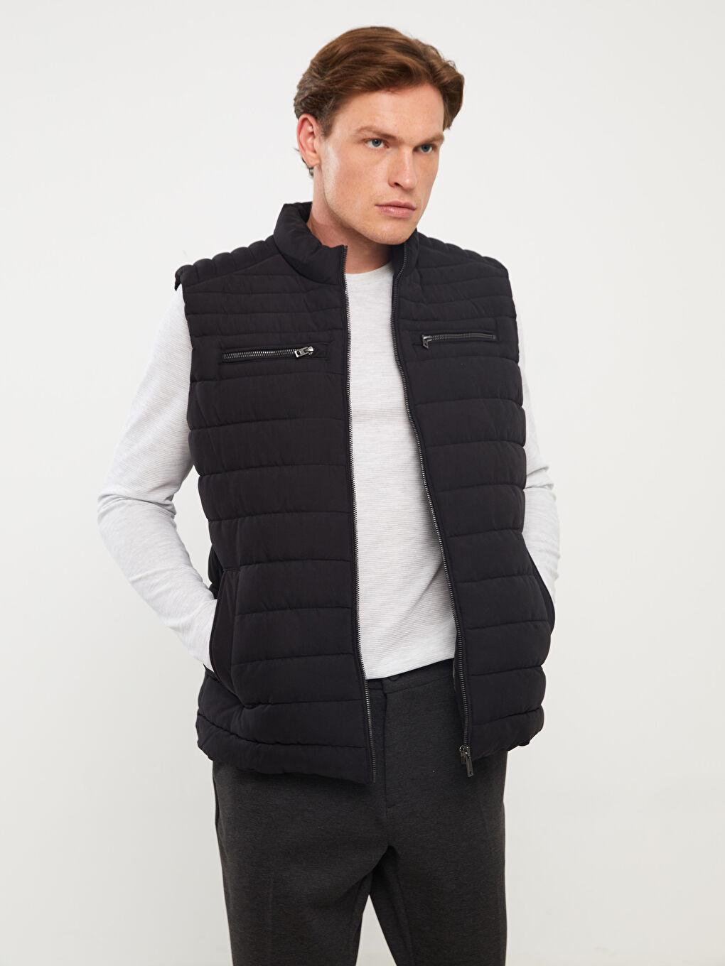 Siyah Standart Kalıp Dik Yaka Erkek Şişme Yelek-1