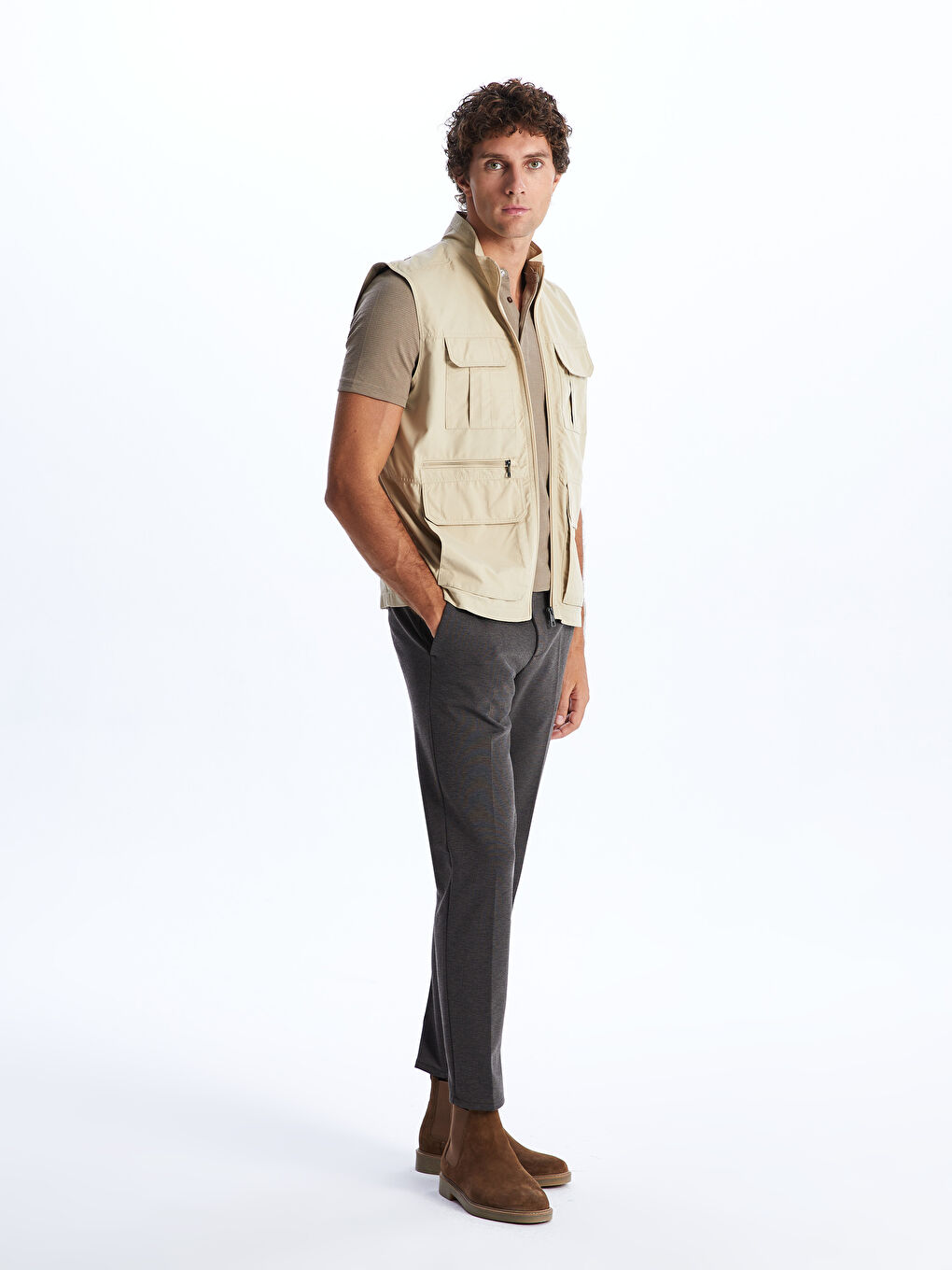 Bej Standart Kalıp Dik Yaka Erkek Avcı Yeleği-2