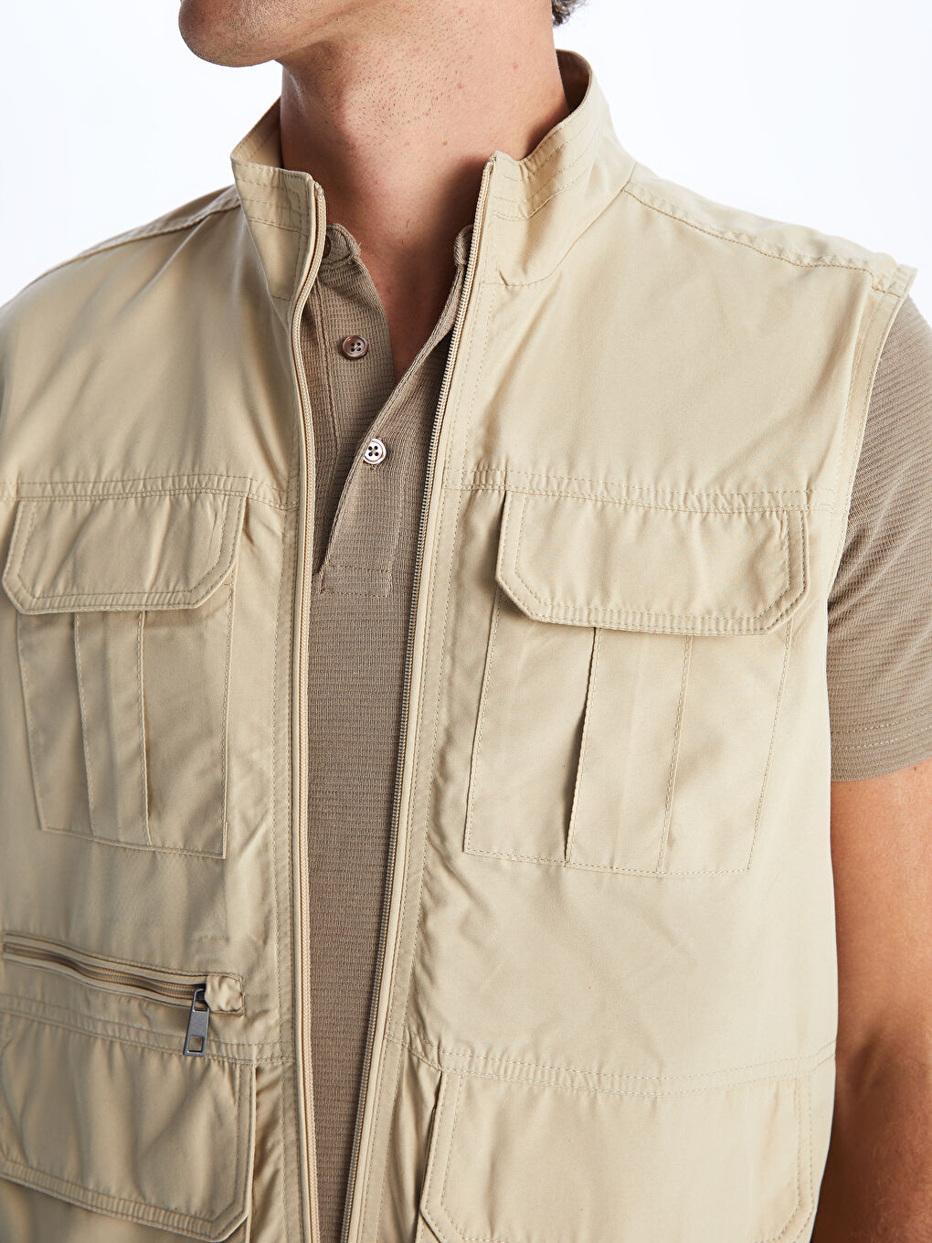 Bej Standart Kalıp Dik Yaka Erkek Avcı Yeleği-3