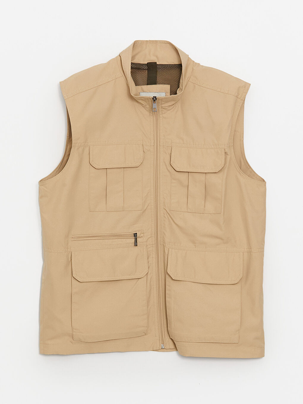 Bej Standart Kalıp Dik Yaka Erkek Avcı Yeleği-6