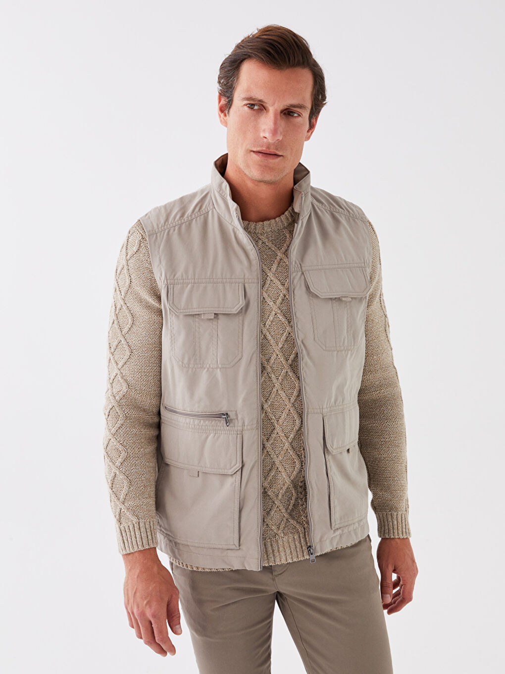 Bej Standart Kalıp Dik Yaka Erkek Avcı Yeleği-1