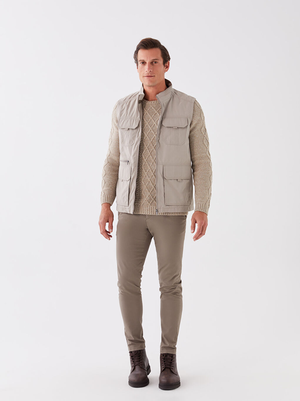 Bej Standart Kalıp Dik Yaka Erkek Avcı Yeleği-2