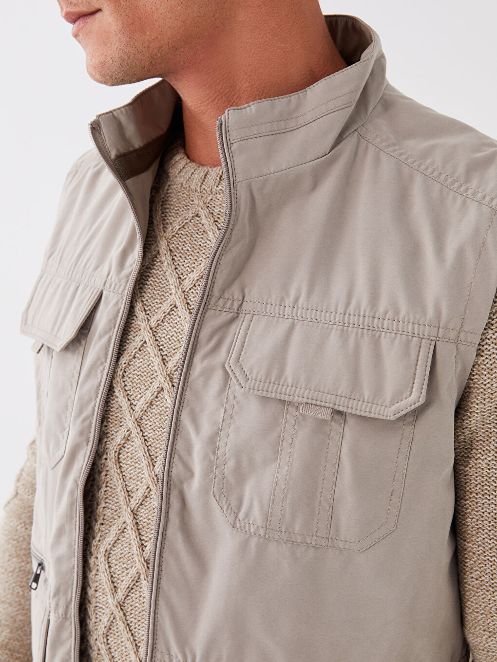 Bej Standart Kalıp Dik Yaka Erkek Avcı Yeleği-3