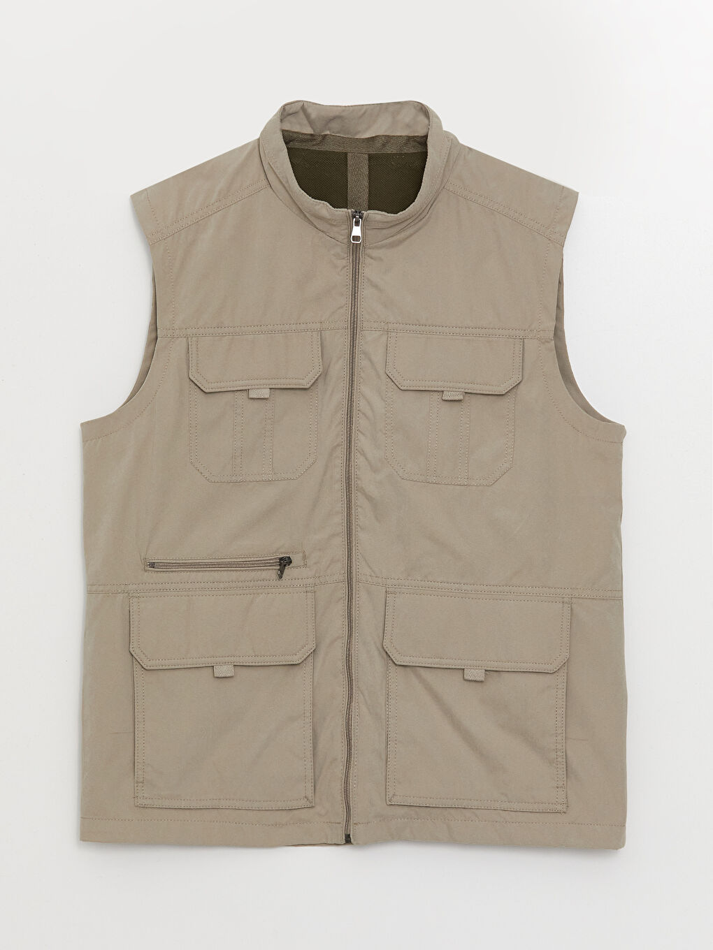 Bej Standart Kalıp Dik Yaka Erkek Avcı Yeleği-6