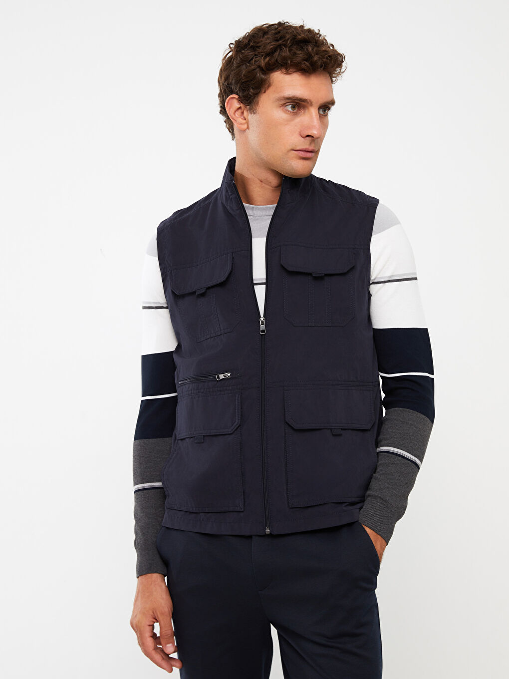 Lacivert Standart Kalıp Dik Yaka Erkek Avcı Yeleği-1