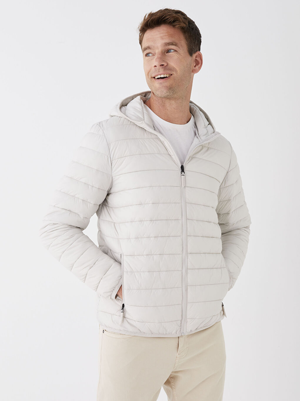 Gri Standart Kalıp Kapüşonlu Erkek Şişme Mont