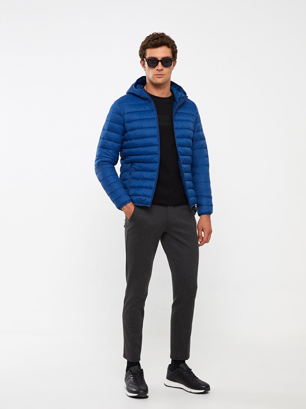 Lacivert Standart Kalıp Kapüşonlu Erkek Şişme Mont-2