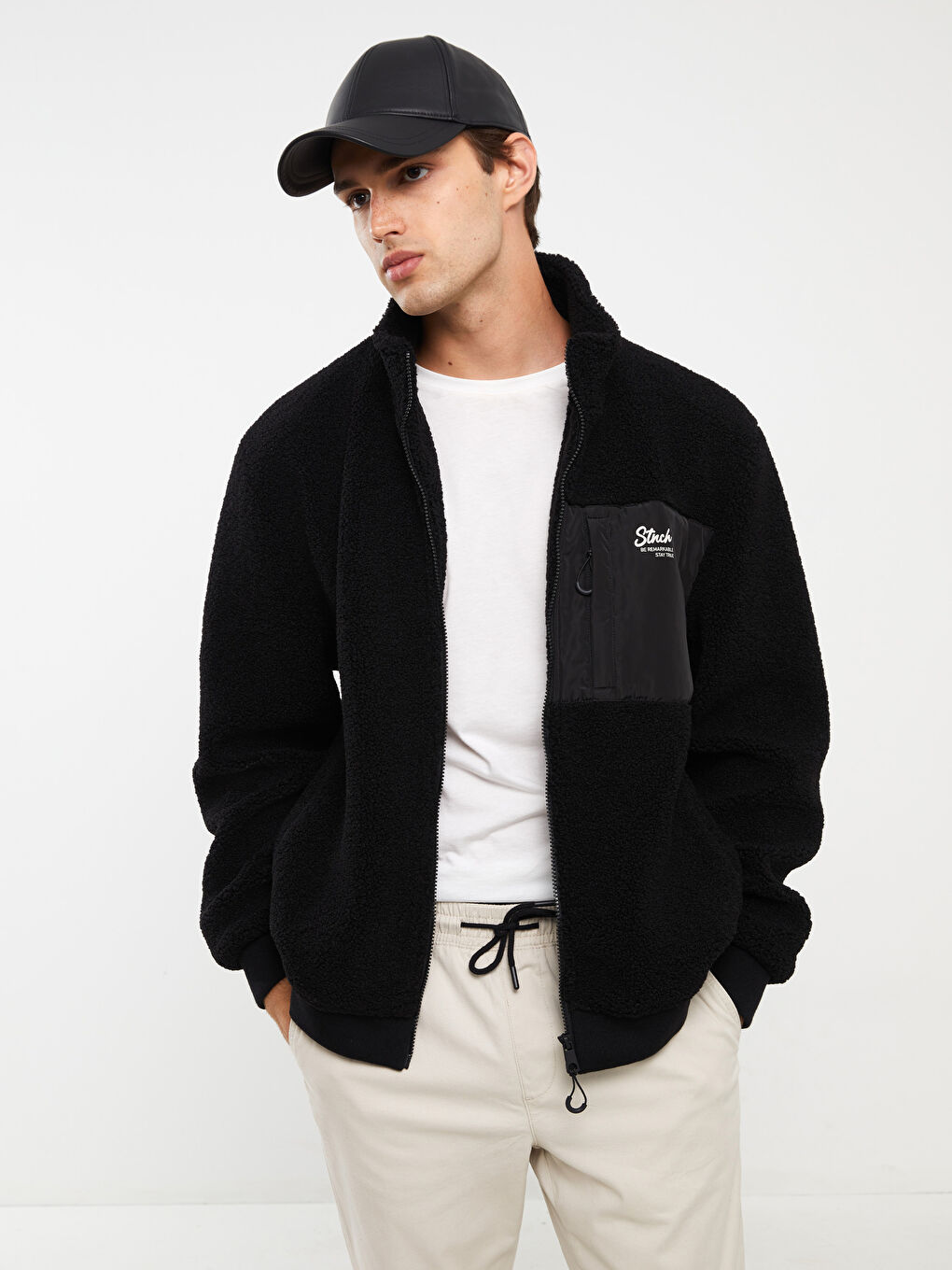 Hanorac cu Fermoar pentru Bărbați din Pluș cu Mânecă Lungă și Guler Înalt