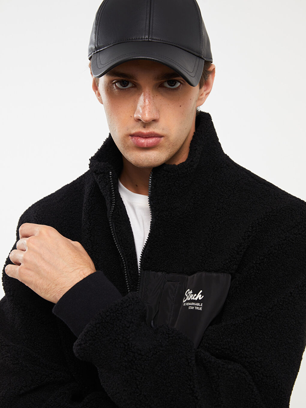 Hanorac cu Fermoar pentru Bărbați din Pluș cu Mânecă Lungă și Guler Înalt-1