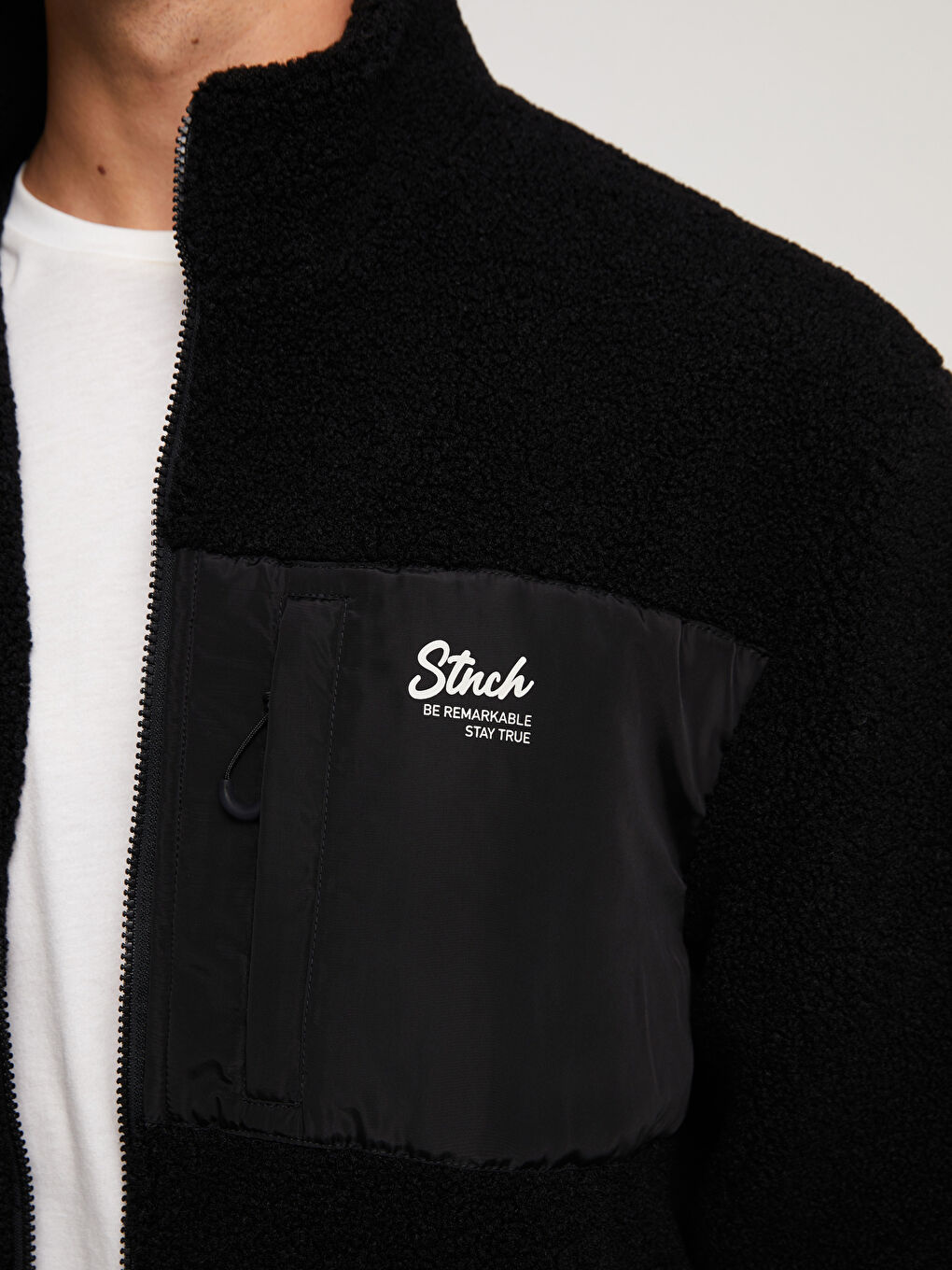 Hanorac cu Fermoar pentru Bărbați din Pluș cu Mânecă Lungă și Guler Înalt-3