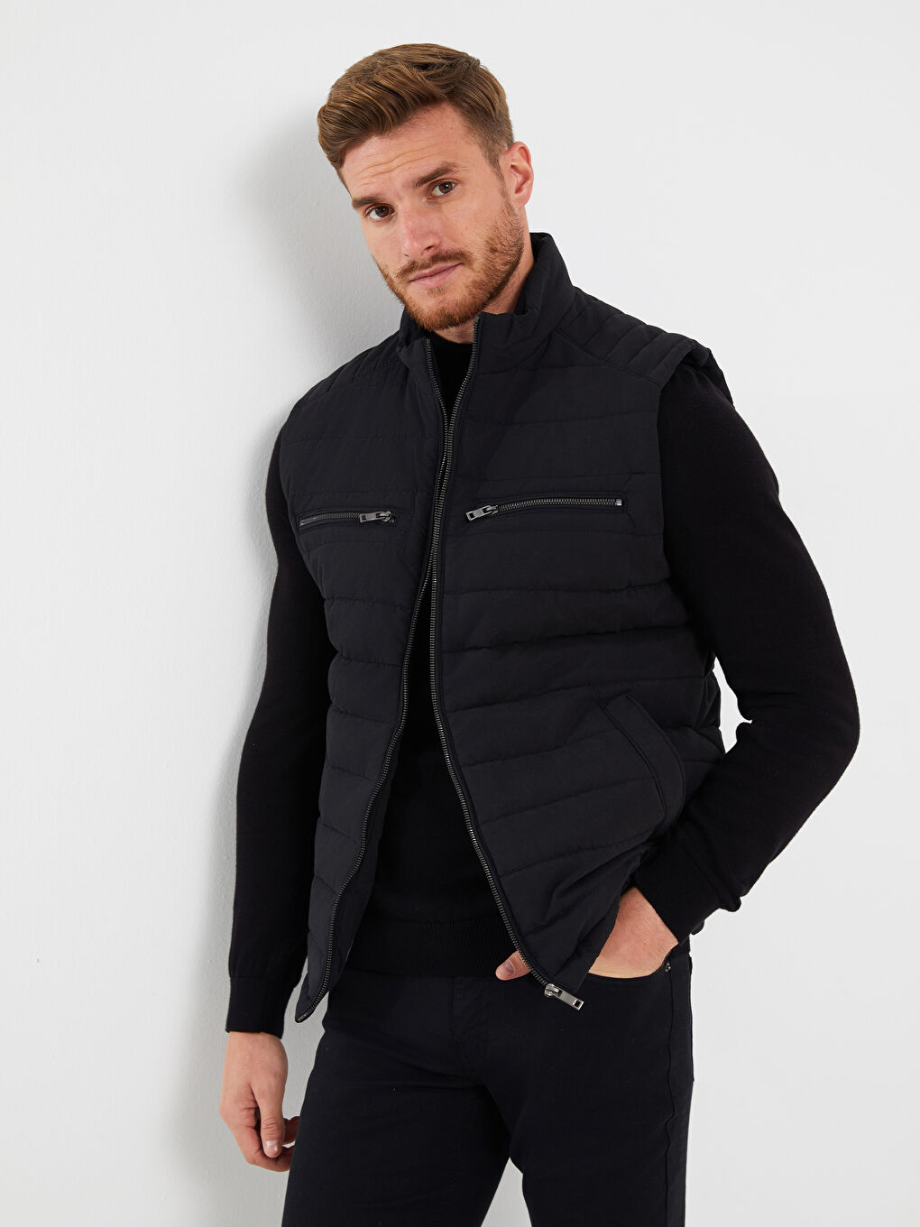 Siyah Standart Kalıp Dik Yaka Erkek Şişme Yelek