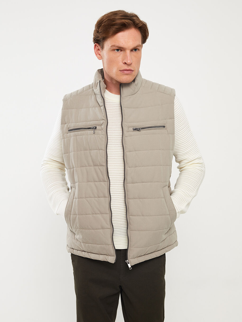 Ekru Standart Kalıp Dik Yaka Erkek Şişme Yelek-1