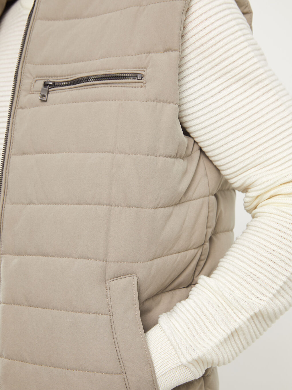 Ekru Standart Kalıp Dik Yaka Erkek Şişme Yelek-3