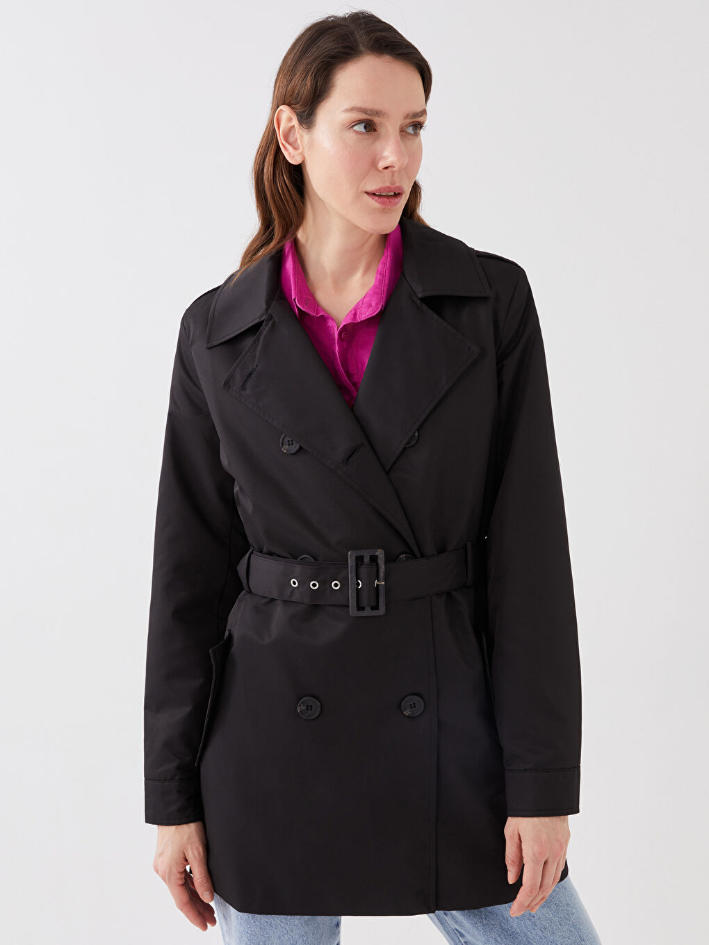 Siyah Ceket Yaka Düz Uzun Kollu Kadın Trençkot