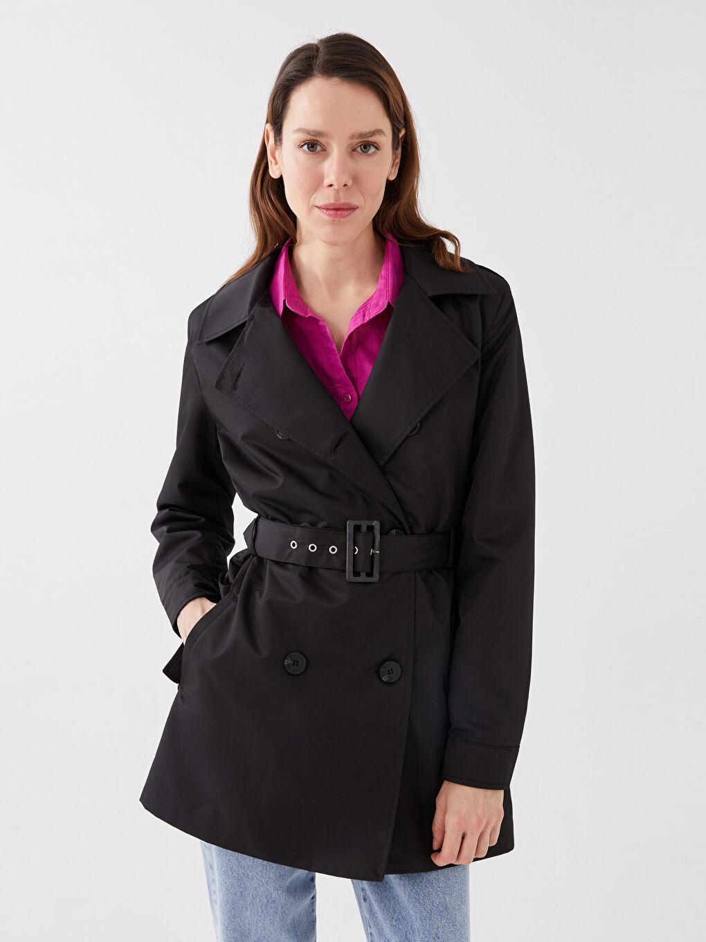 Siyah Ceket Yaka Düz Uzun Kollu Kadın Trençkot-1