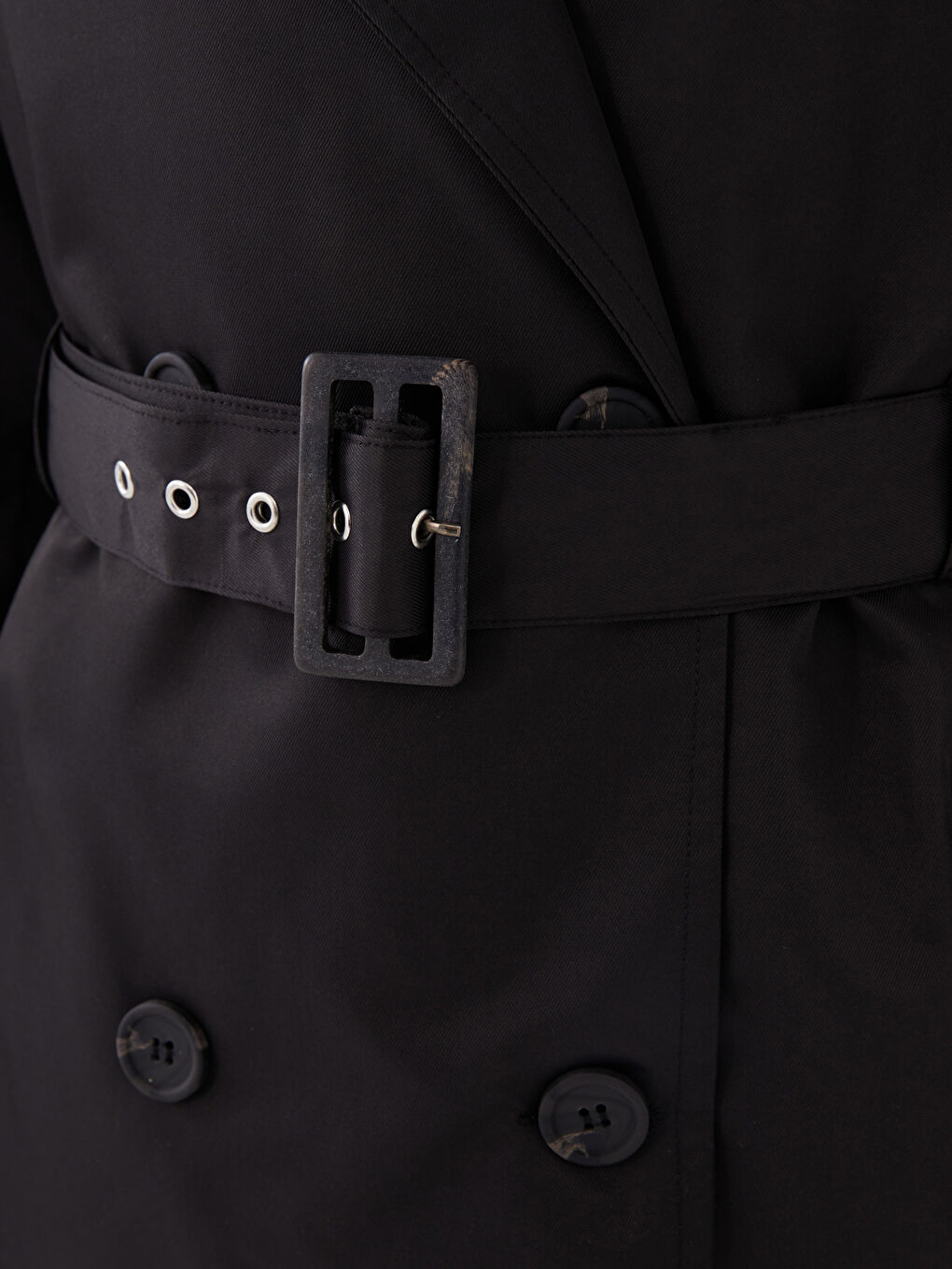 Siyah Ceket Yaka Düz Uzun Kollu Kadın Trençkot-3