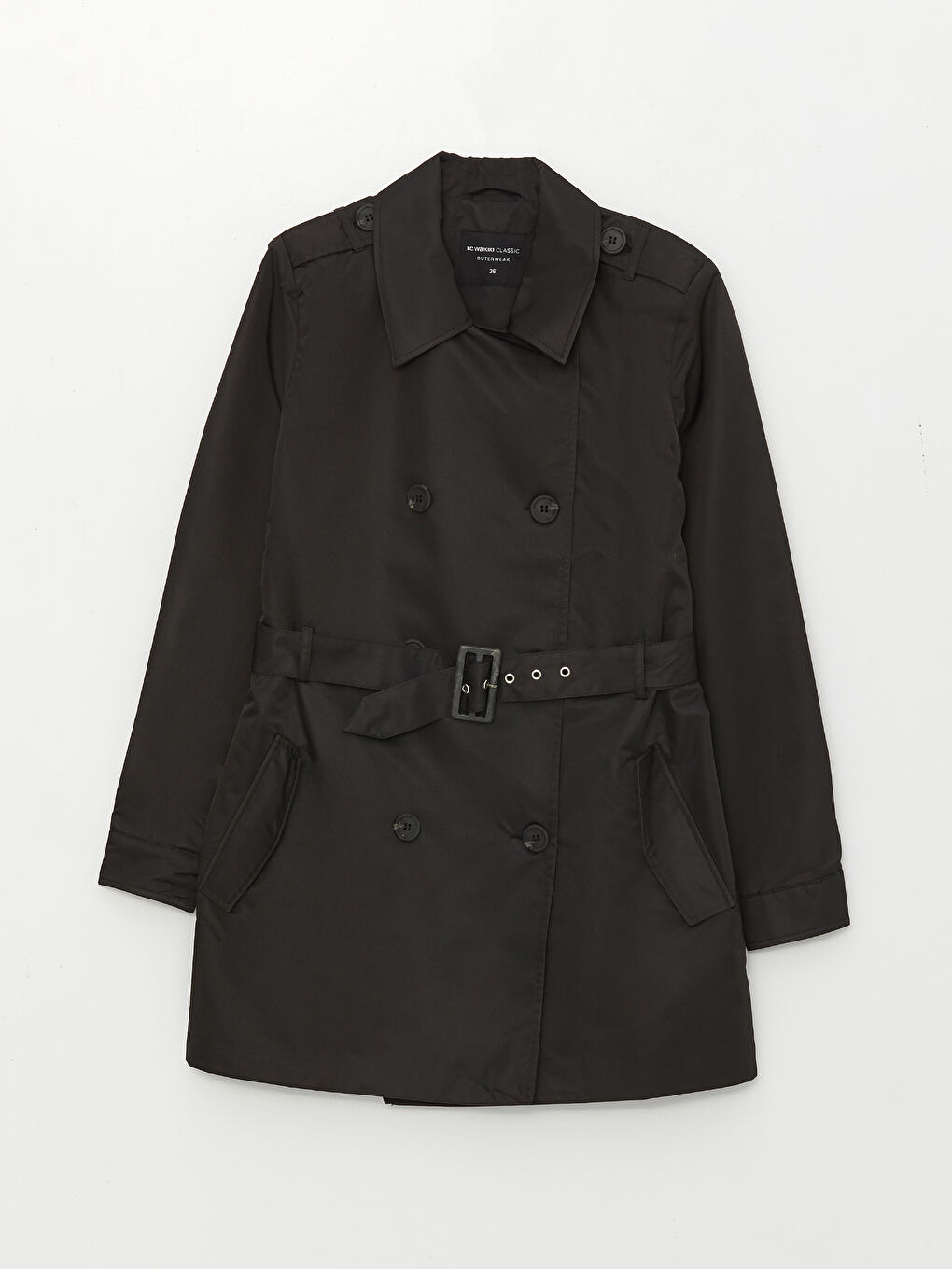 Siyah Ceket Yaka Düz Uzun Kollu Kadın Trençkot-6