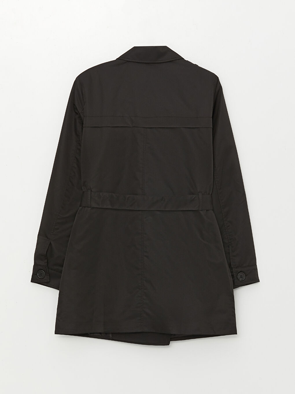 Siyah Ceket Yaka Düz Uzun Kollu Kadın Trençkot-7