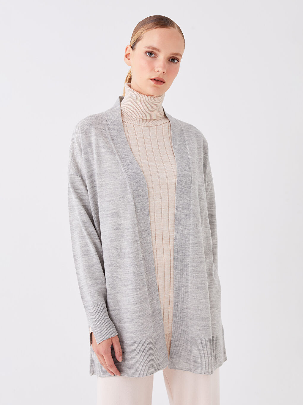 Gri Şal Yaka Düz Uzun Kollu Oversize Kadın Triko Hırka