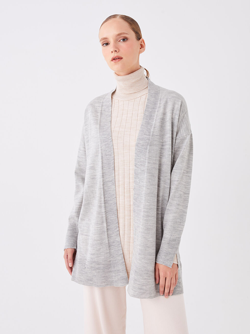 Gri Şal Yaka Düz Uzun Kollu Oversize Kadın Triko Hırka-1