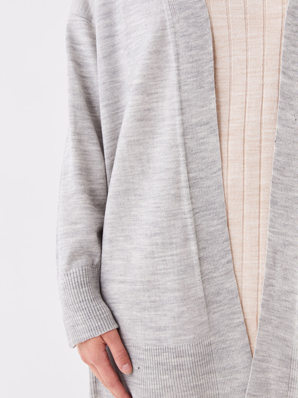 Gri Şal Yaka Düz Uzun Kollu Oversize Kadın Triko Hırka-3