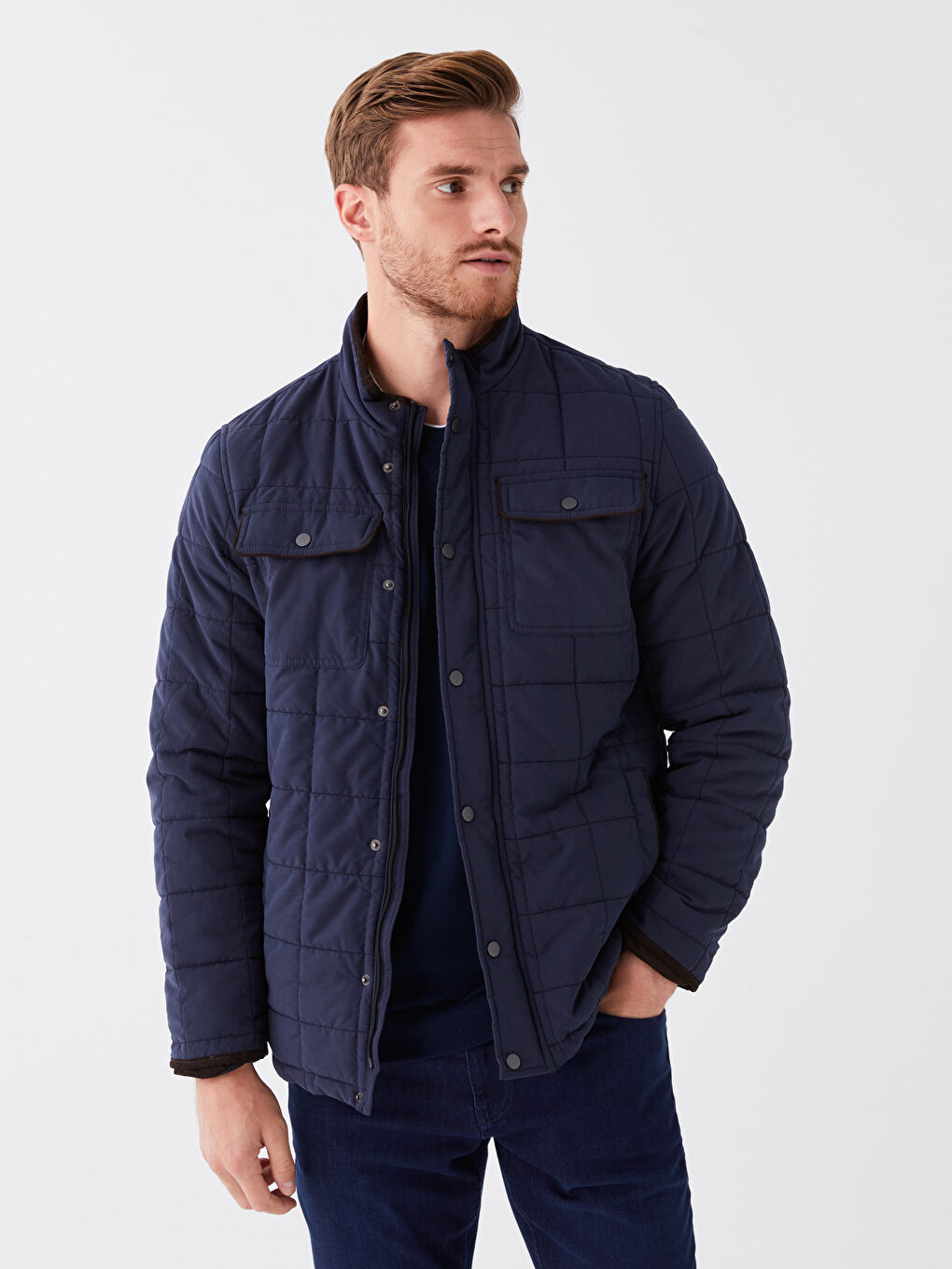 Lacivert Standart Kalıp Dik Yaka Erkek Şişme Mont