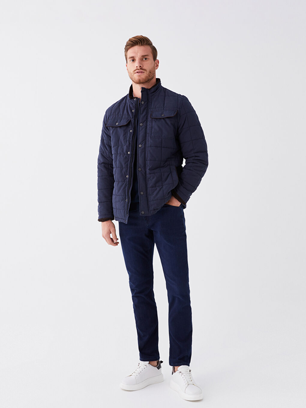 Lacivert Standart Kalıp Dik Yaka Erkek Şişme Mont-1