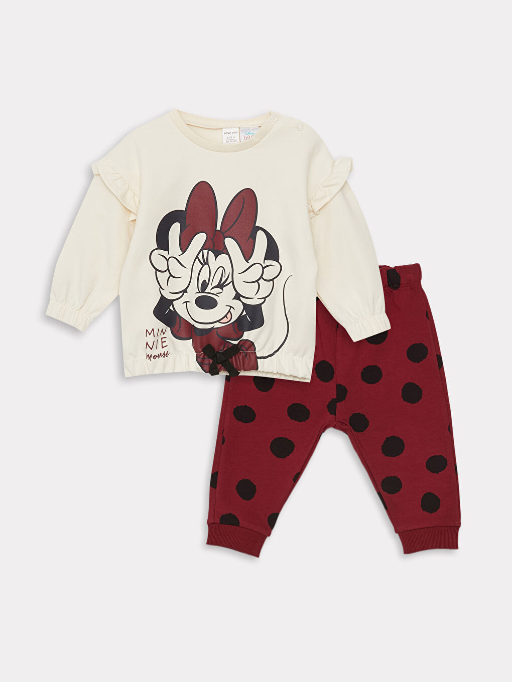 LCW baby Krem Rengi Bisiklet Yaka Uzun Kollu Minnie Mouse Baskılı Kız Bebek 2'li Takım