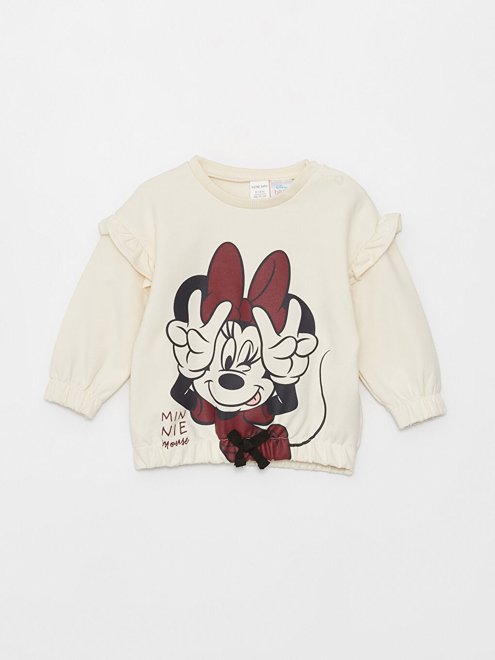 LCW baby Krem Rengi Bisiklet Yaka Uzun Kollu Minnie Mouse Baskılı Kız Bebek 2'li Takım - 1