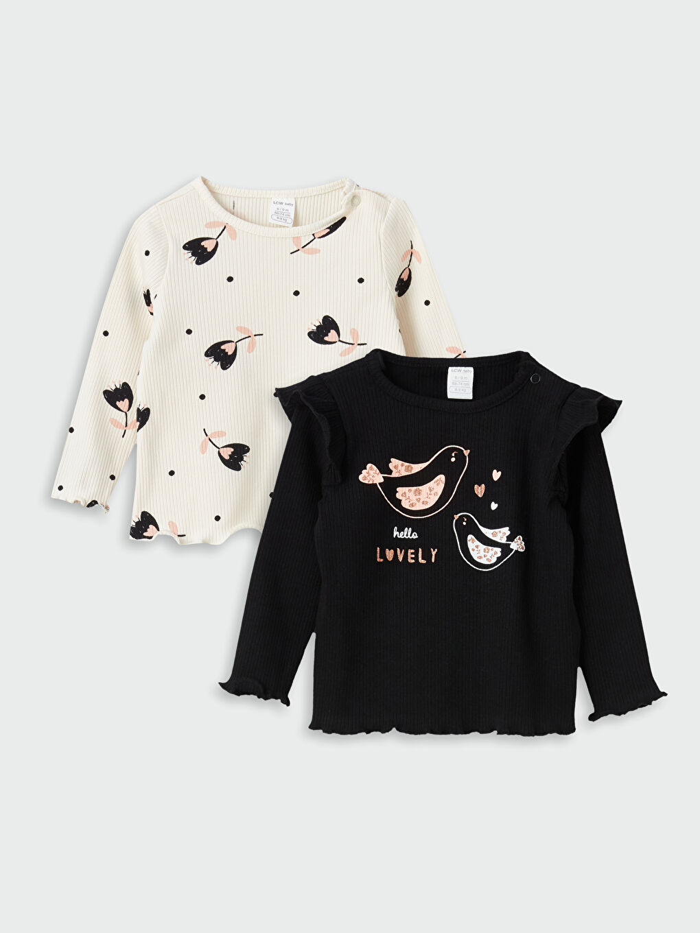 Siyah Bisiklet Yaka Baskılı Kız Bebek Bluz 2'li Takım