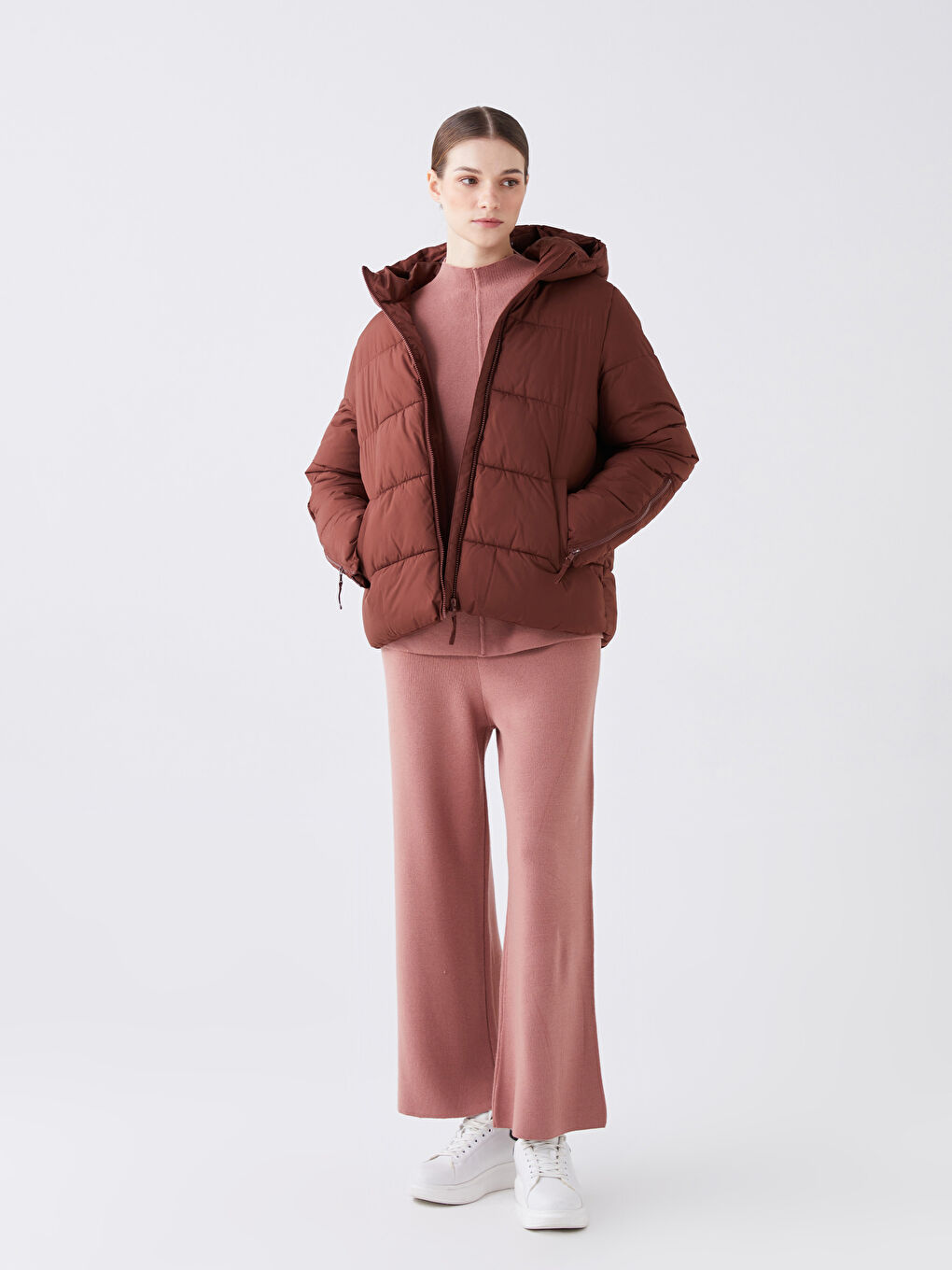 Women's Hooded Plain Puffer Coat-2