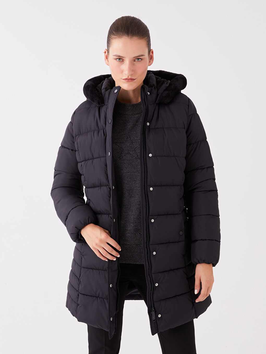 Women's Hooded Plain Puffer Coat-1