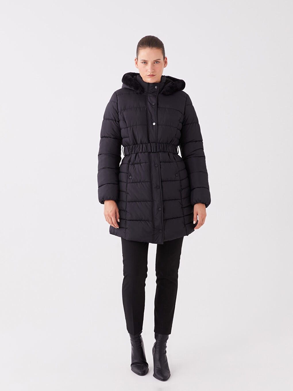 Women's Hooded Plain Puffer Coat-2
