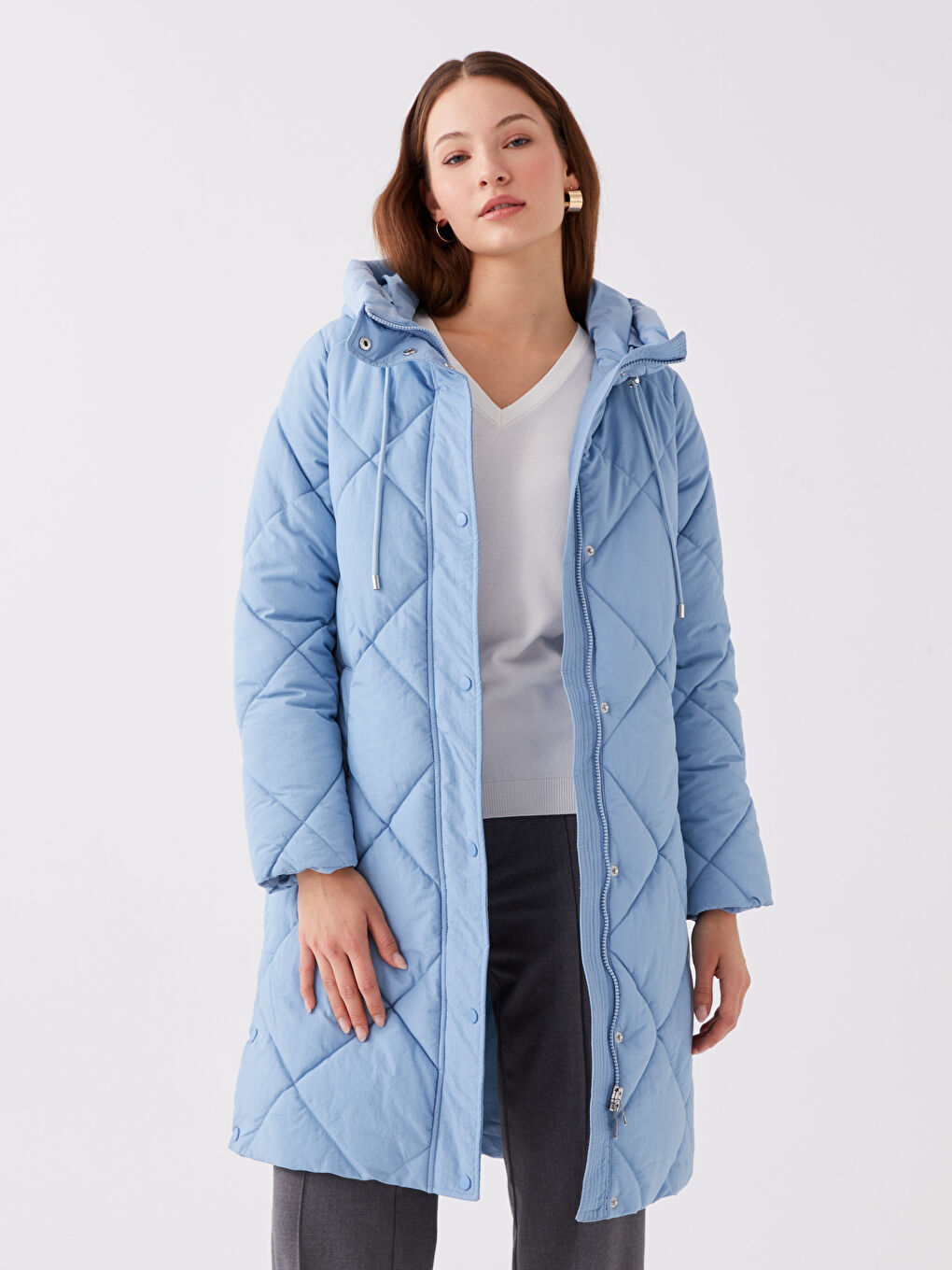 Mavi Kapüşonlu Kapitone Kadın Şişme Mont-1
