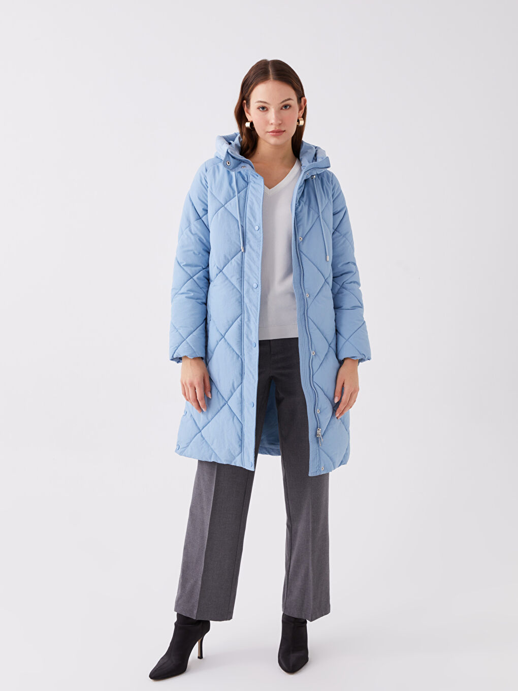 Mavi Kapüşonlu Kapitone Kadın Şişme Mont-2