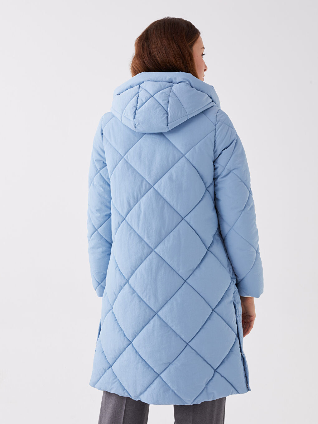 Mavi Kapüşonlu Kapitone Kadın Şişme Mont-5