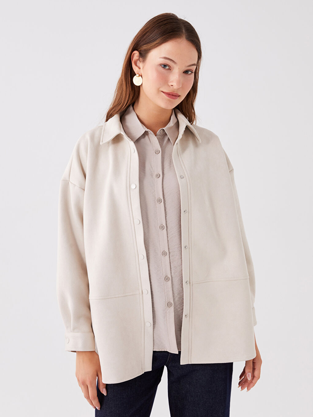 Gri Düz Uzun Kollu Oversize Süet Kadın Gömlek Ceket