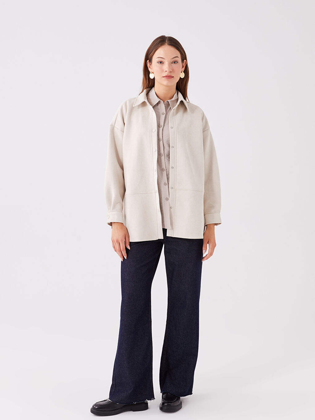 Gri Düz Uzun Kollu Oversize Süet Kadın Gömlek Ceket-2