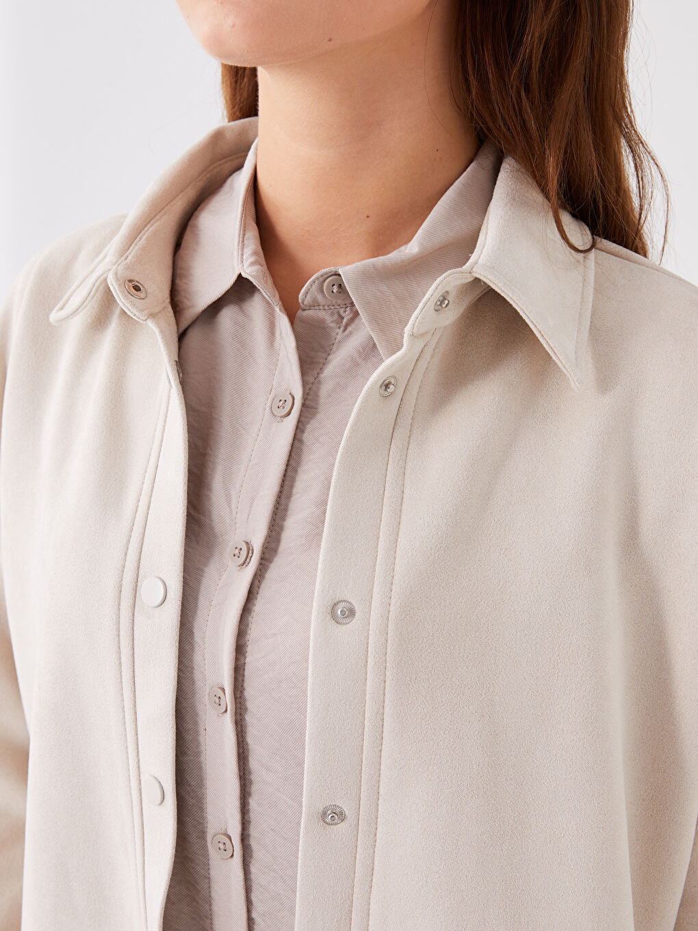 Gri Düz Uzun Kollu Oversize Süet Kadın Gömlek Ceket-3