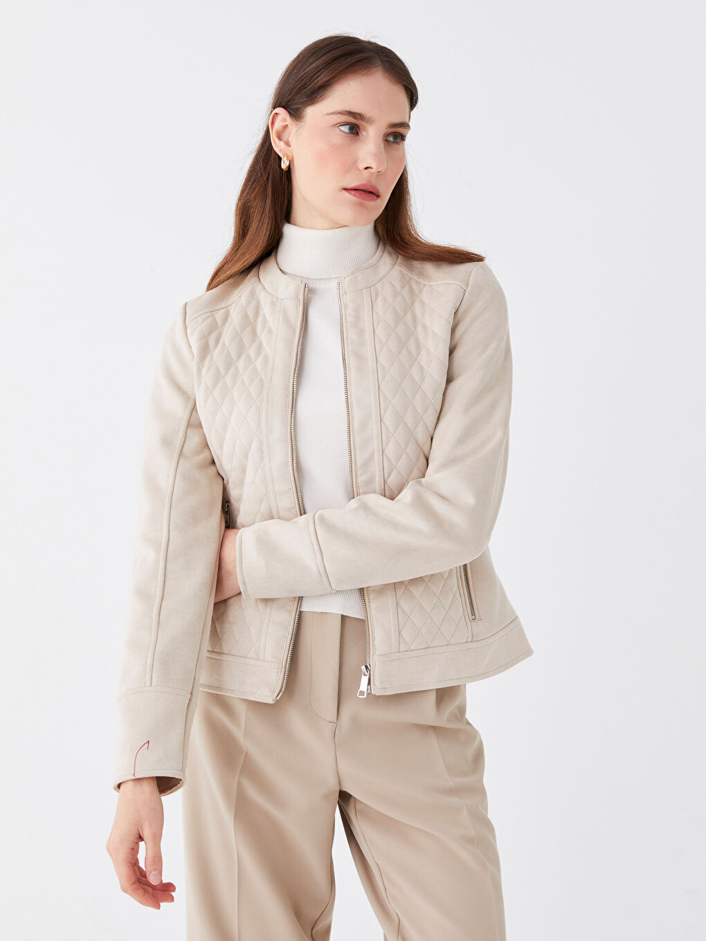 Bisiklet Yaka Kendinden Desenli Süet Görünümlü Kadın Mont