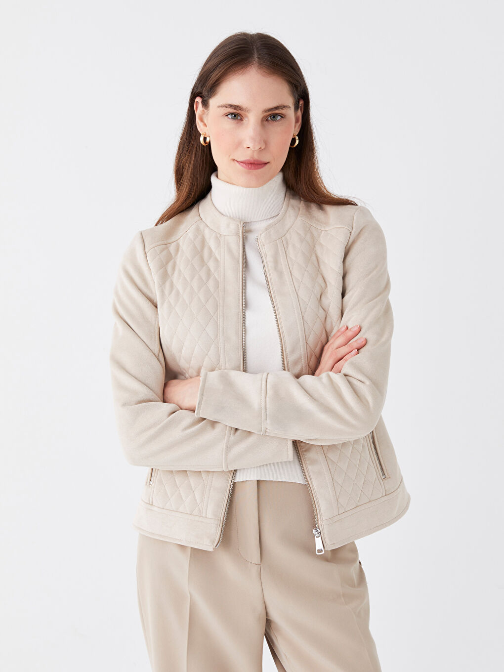 Bisiklet Yaka Kendinden Desenli Süet Görünümlü Kadın Mont-1