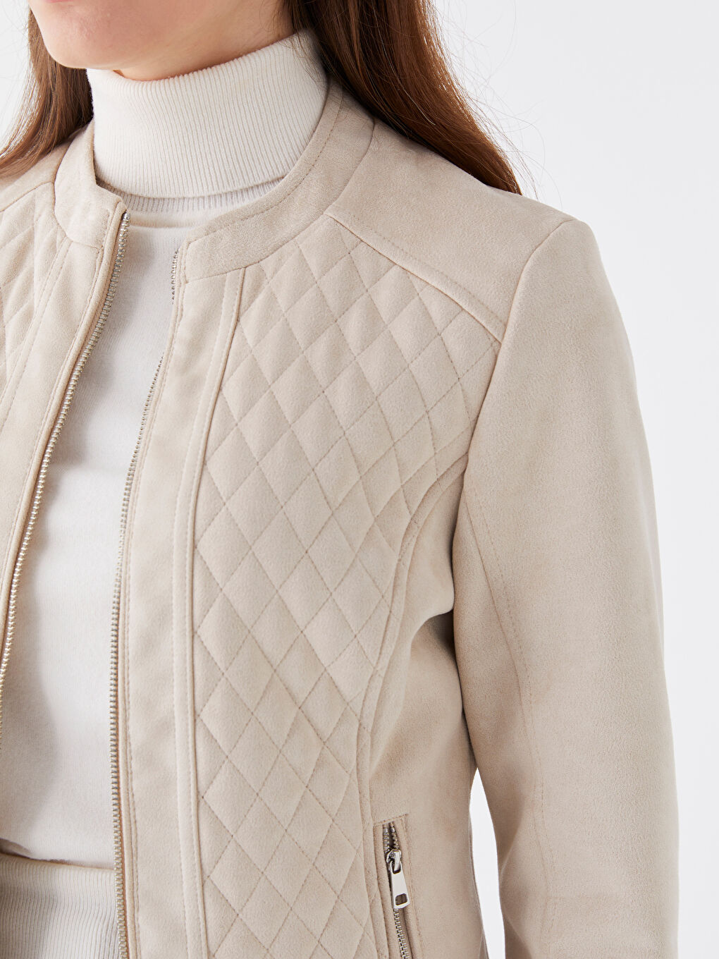 Bisiklet Yaka Kendinden Desenli Süet Görünümlü Kadın Mont-4