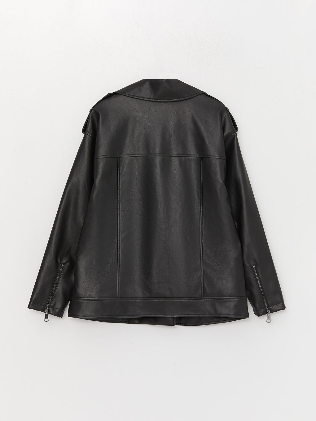 Siyah Kadın Biker Yaka Düz Deri Görünümlü Mont-7