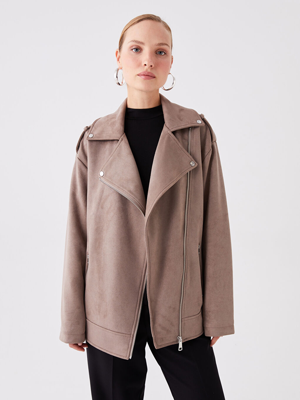 LCWAIKIKI Classic Biker Neck Women's Faux Suede Coat -W31204Z8-GNH